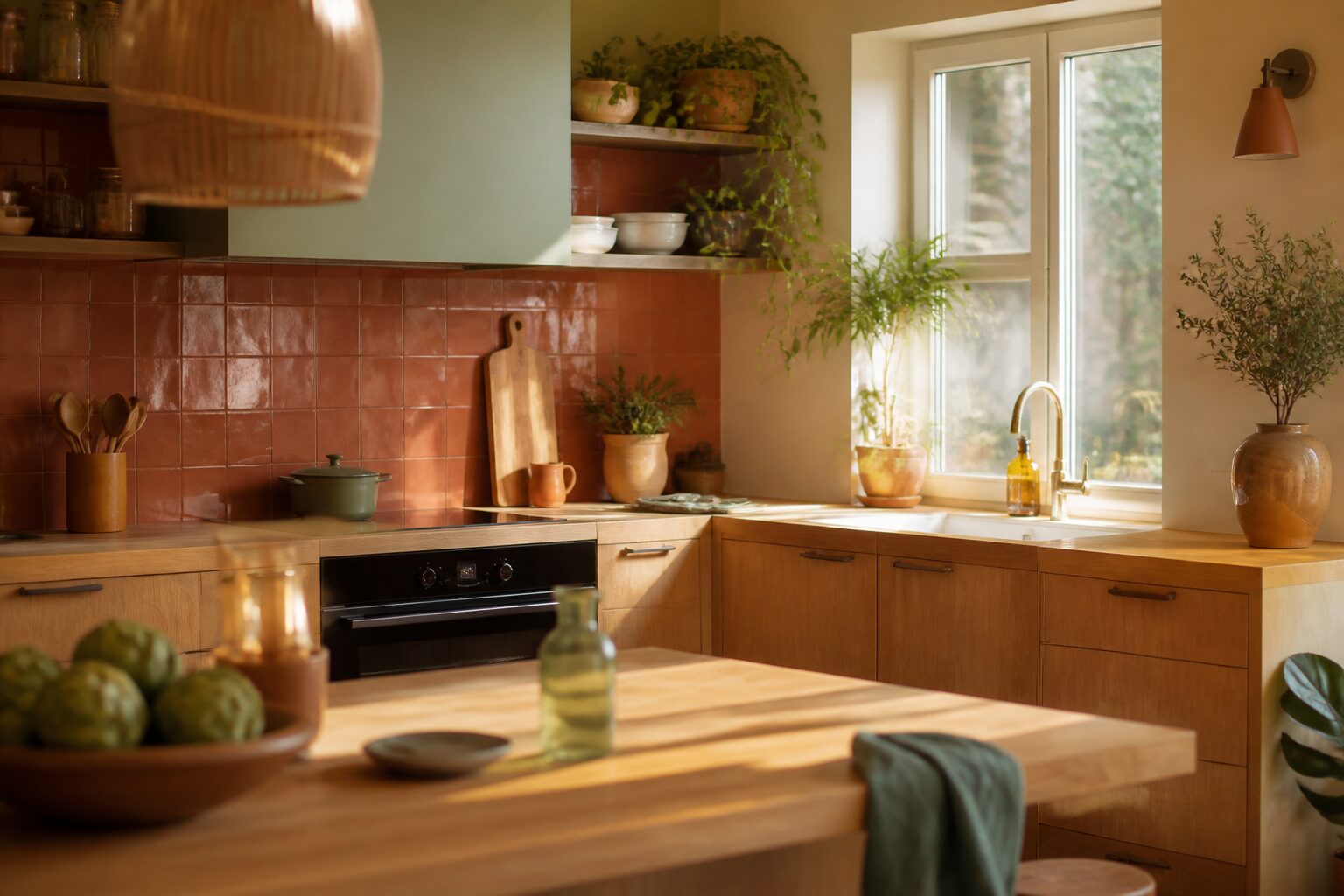 Cuisine de maison rénovée aux tons bois et terracotta, conseils rénovation ImmoReno Plus
