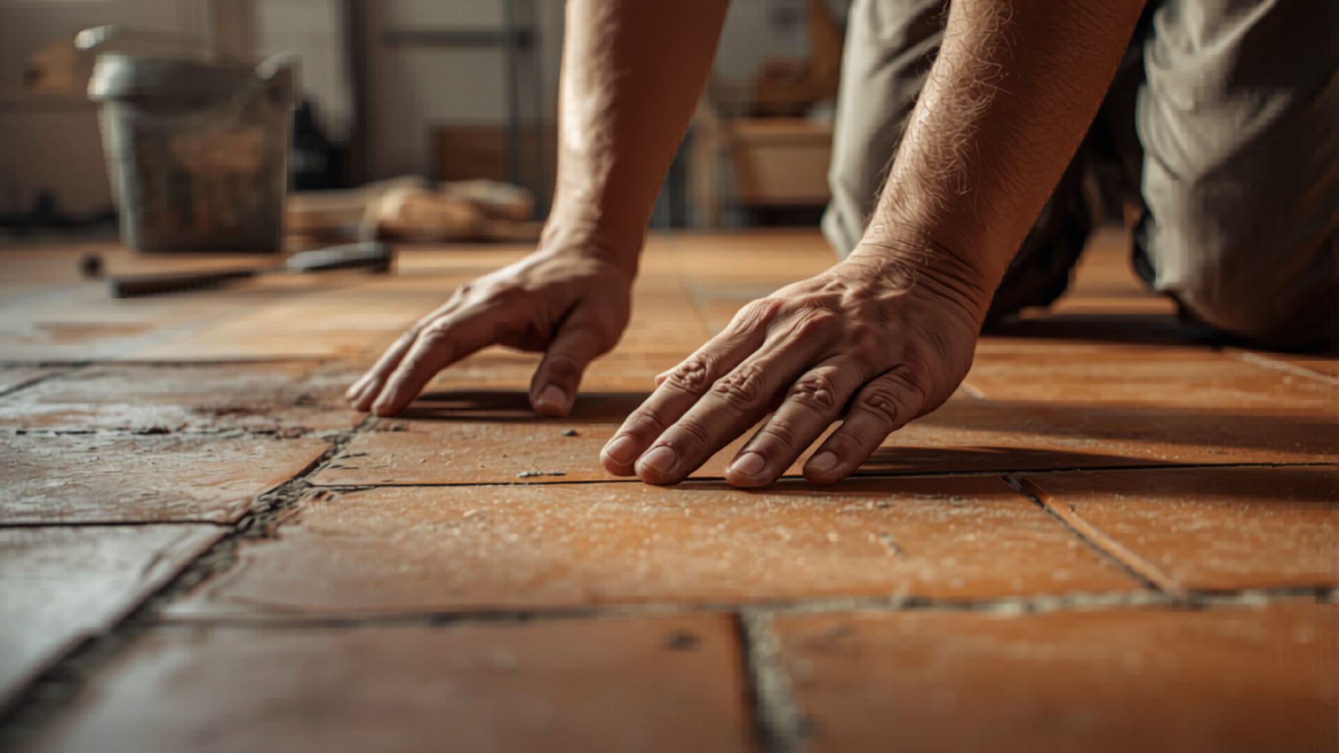 Artisan posant du carrelage terracotta sur un sol de salle de bain en chantier