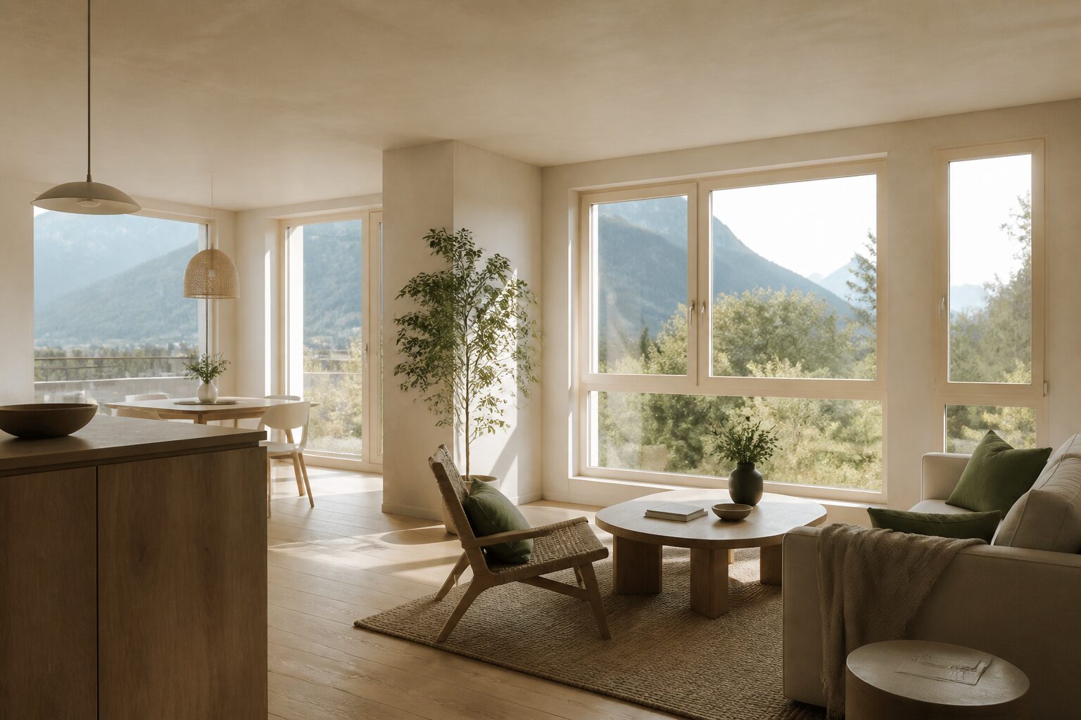 Intérieur d'un appartement écologique à Grenoble : lumière naturelle et matériaux biosourcés