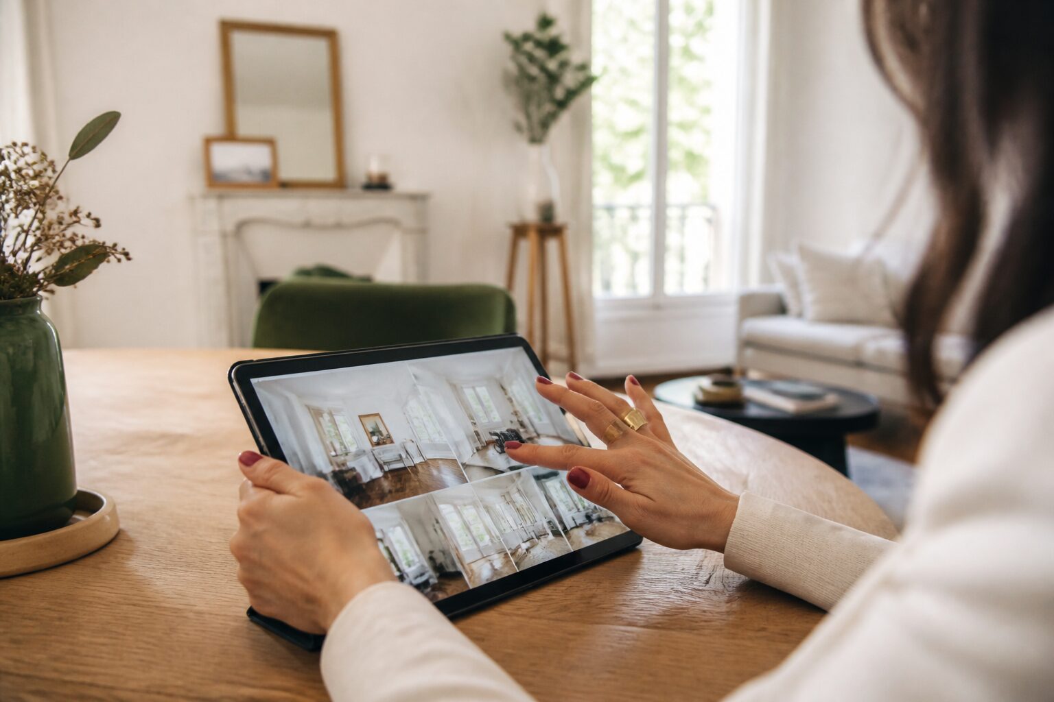 Femme parcourant des articles immobiliers sur tablette dans un appartement bien éclairé