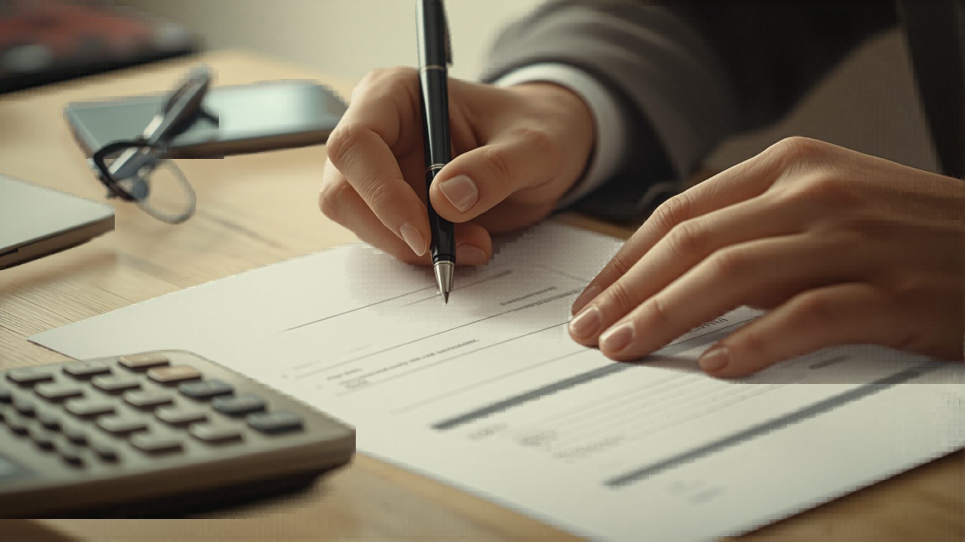 Mains tenant un stylo au-dessus d'un document de simulation de prêt immobilier