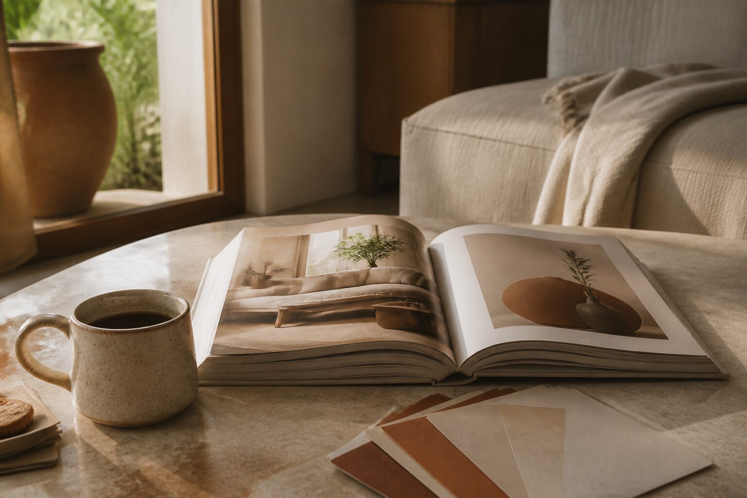 Abonnement magazine decoration maison : magazine ouvert avec nuanciers de couleurs sur table de salon