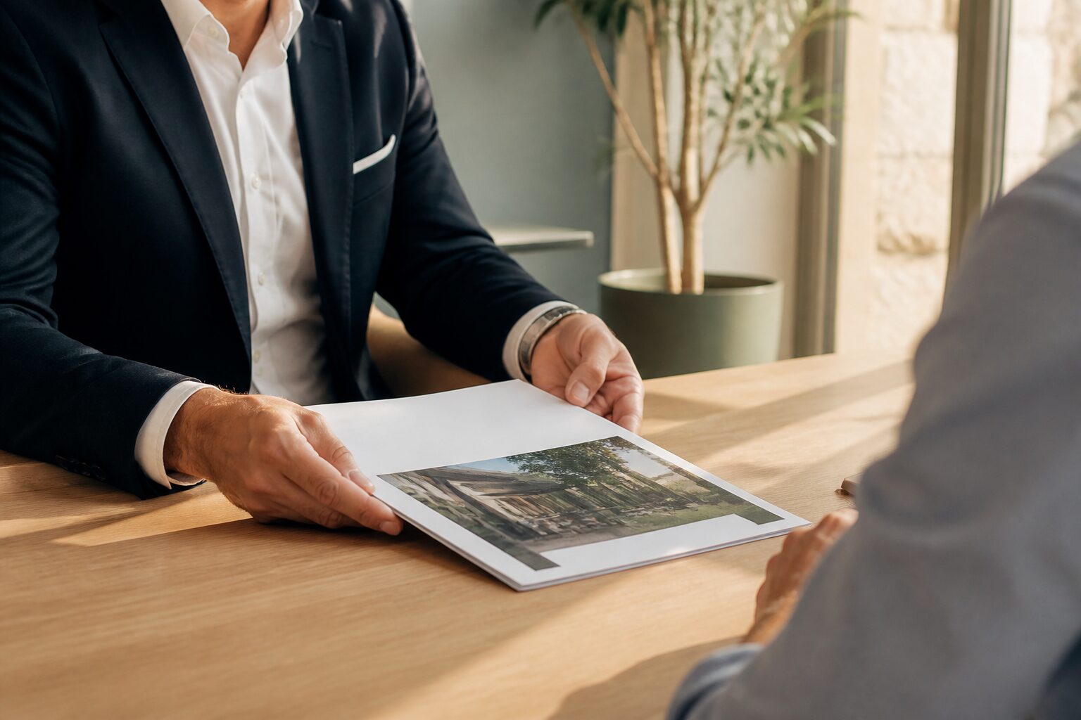 Conseiller immobilier présentant un document à un client dans une agence lumineuse, tons neutres bois et blanc cassé, cadrage serré 50 mm