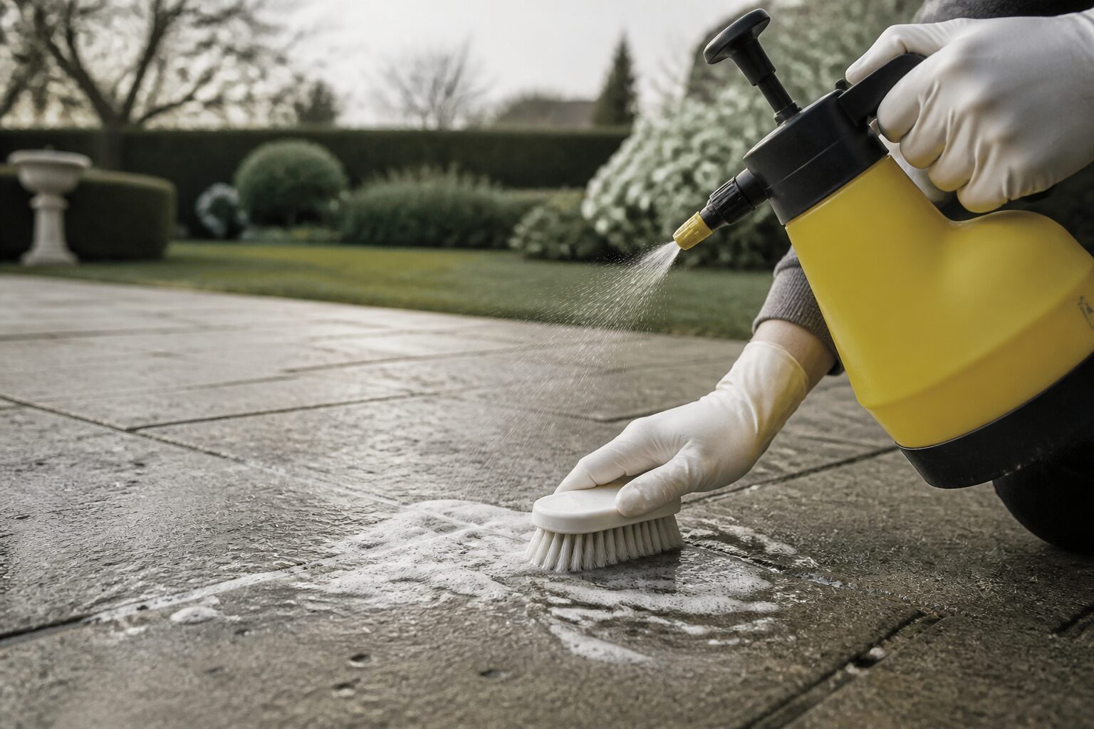 Application du J.Net Gros Travaux sur des dalles de terrasse avec un pulvérisateur à pompe