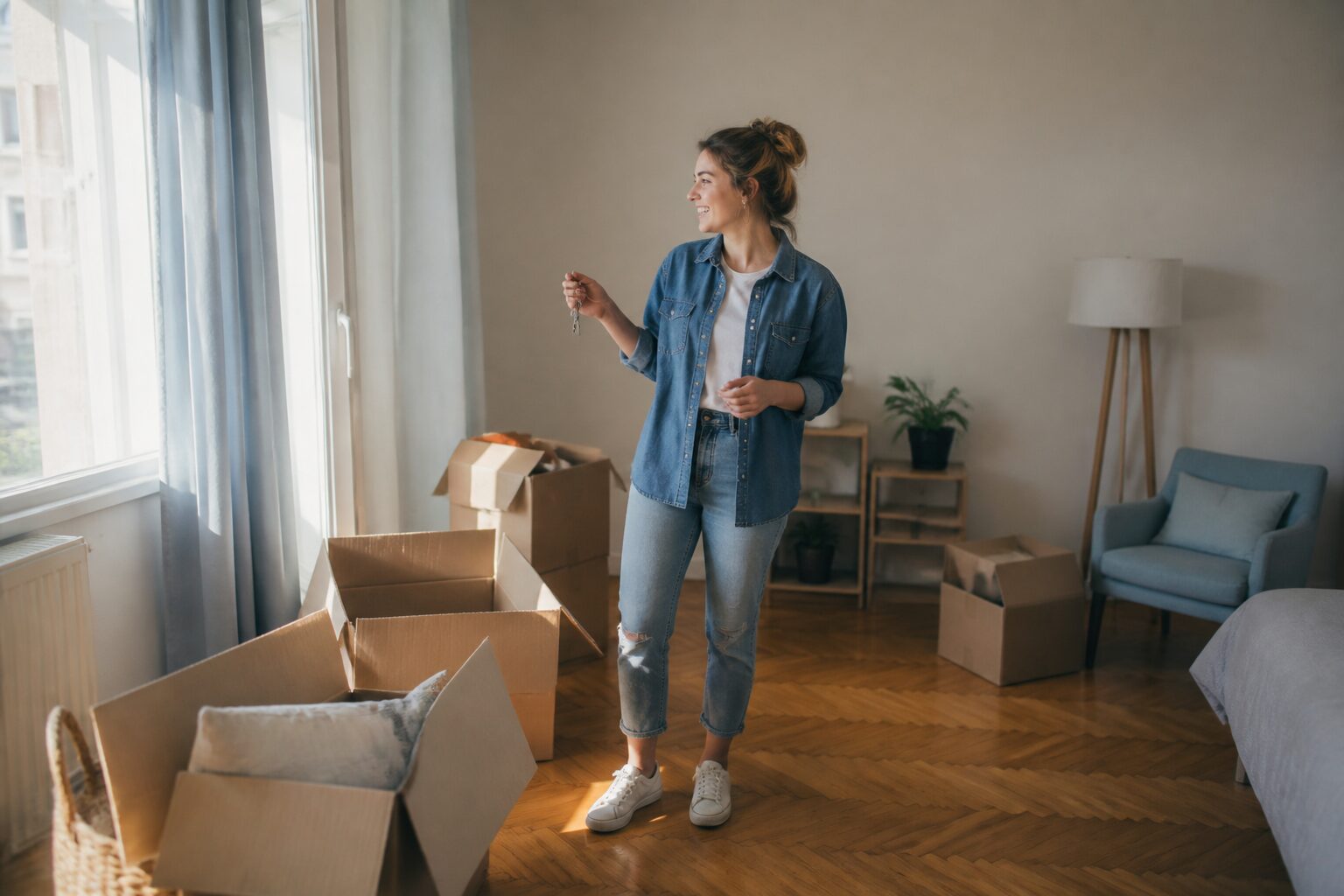 Jeune étudiante tenant ses clés parmi ses cartons dans un studio lumineux
