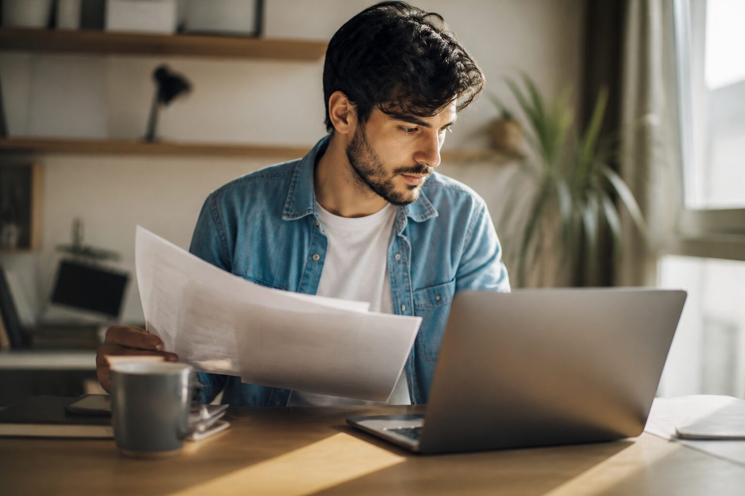 Étudiant lisant un contrat d'assurance habitation devant son ordinateur portable