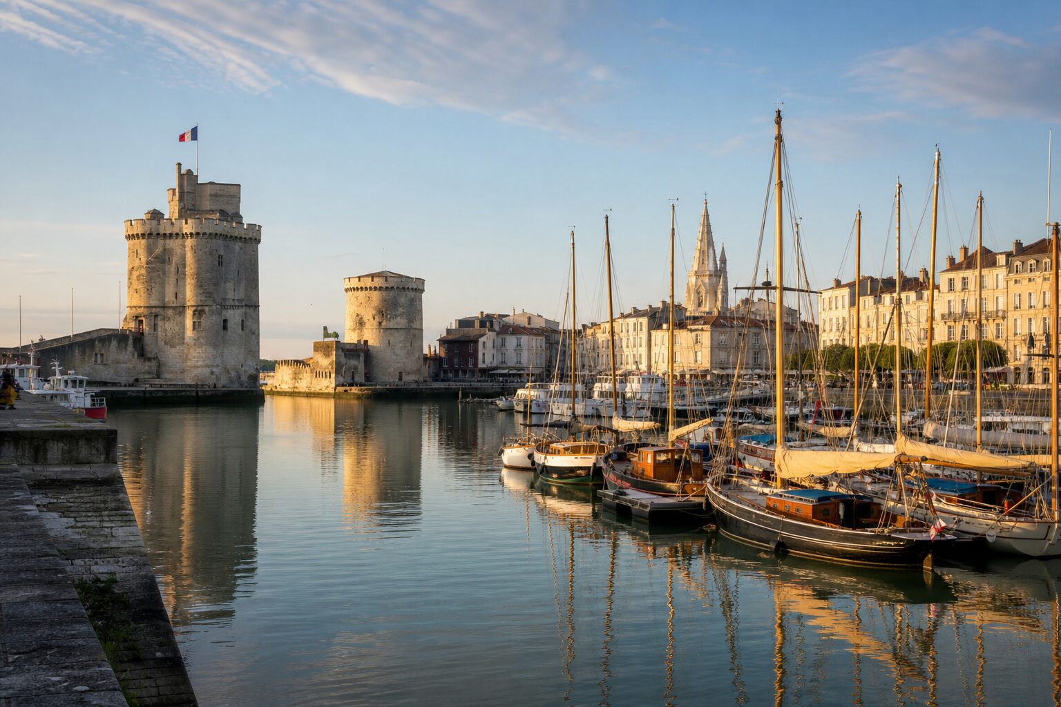 Le Vieux-Port de La Rochelle et ses deux tours médiévales au lever du soleil