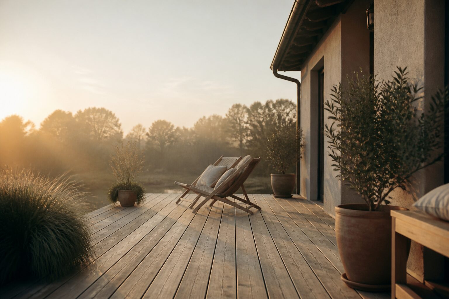 Brumisateur de terrasse diffusant une fine brume au-dessus d'une terrasse en bois au coucher du soleil