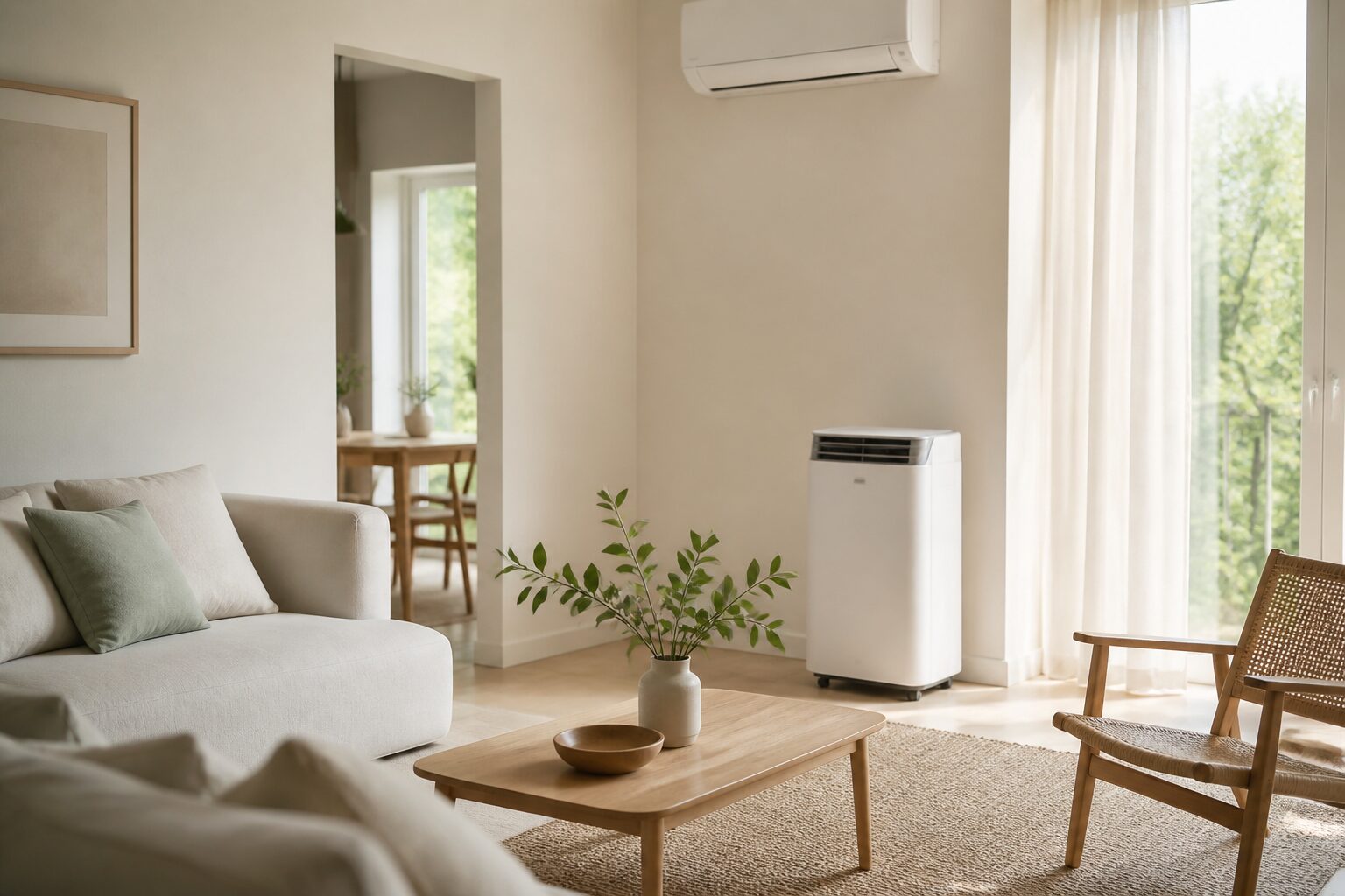 Un climatiseur mobile et un climatiseur fixe dans un salon lumineux