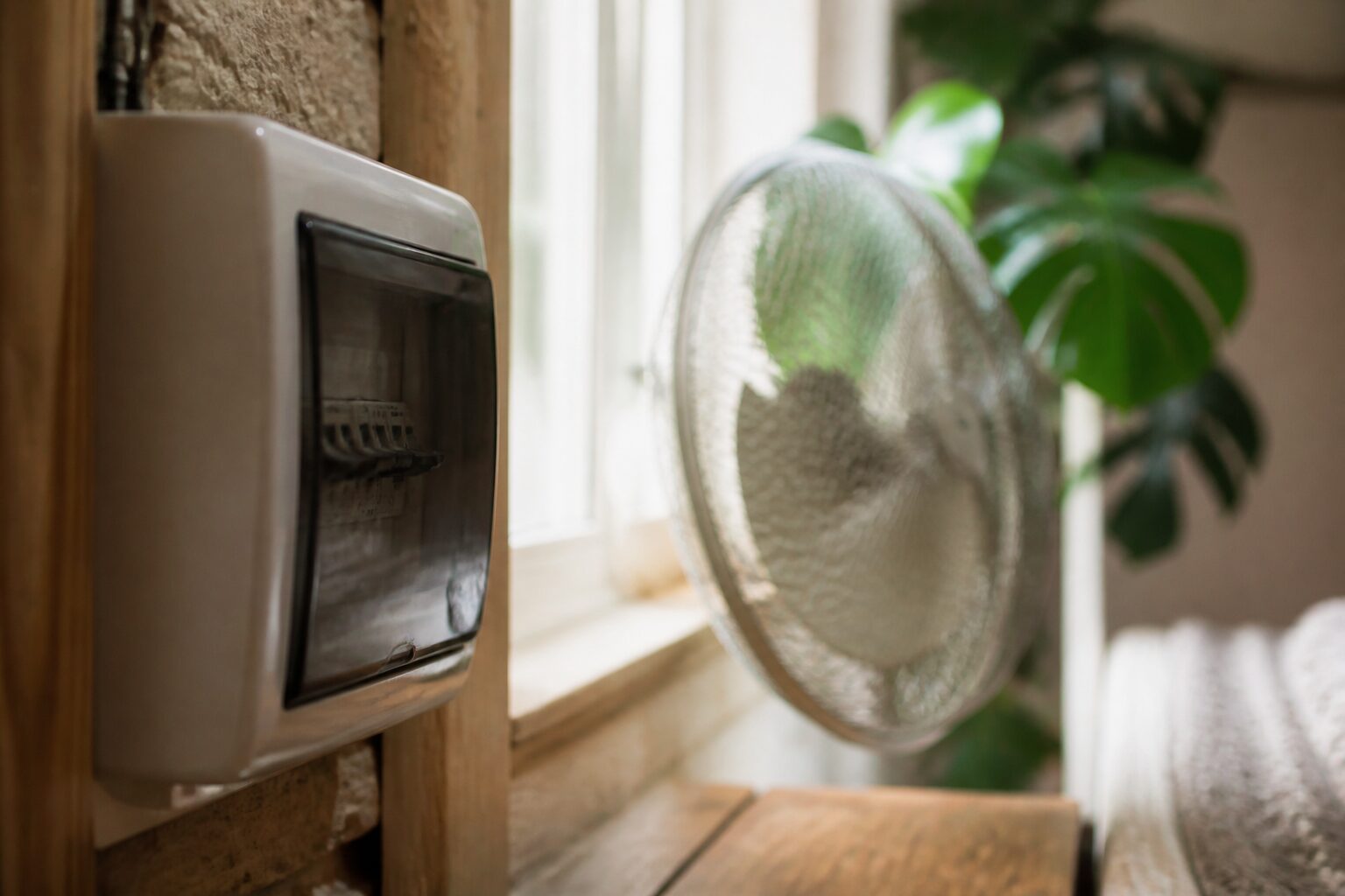 Gros plan sur un compteur électrique domestique et un ventilateur en fonctionnement dans un intérieur chaleureux