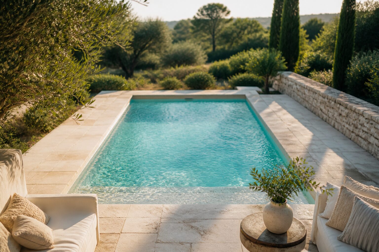 Piscine provençale aux eaux cristallines bleues pour illustrer le dosage chlore choc par m3