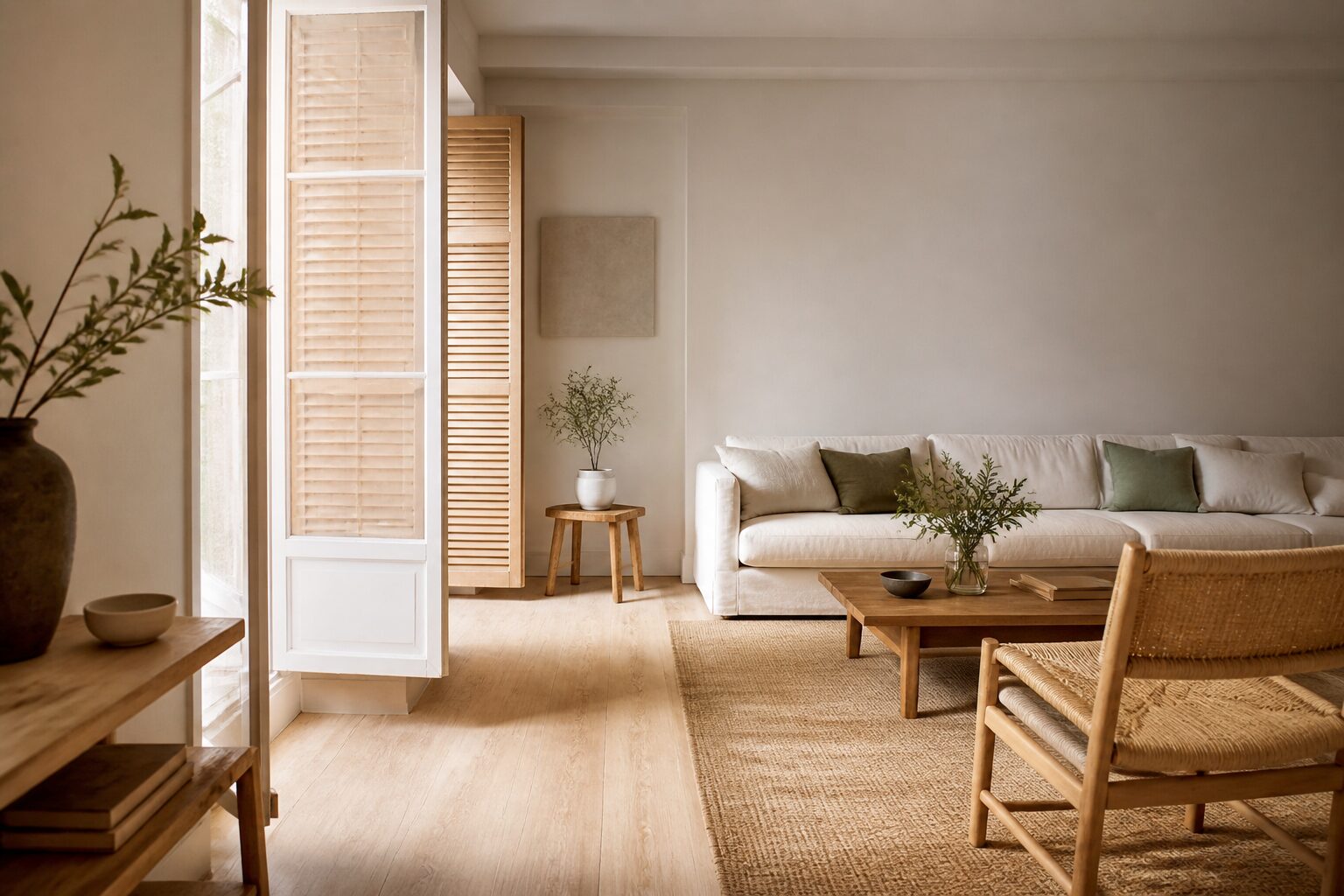 Salon frais aux volets mi-clos pour garder sa maison fraîche sans climatisation