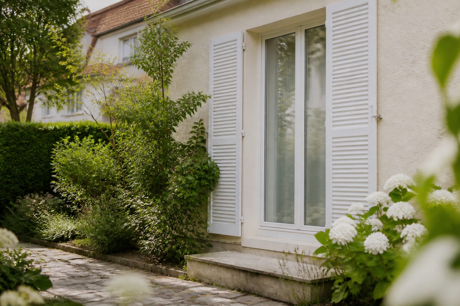 Façades haussmanniennes et rue commerçante typique de Maisons-Alfort, lumière naturelle de mi-journée, tons pierre et vert