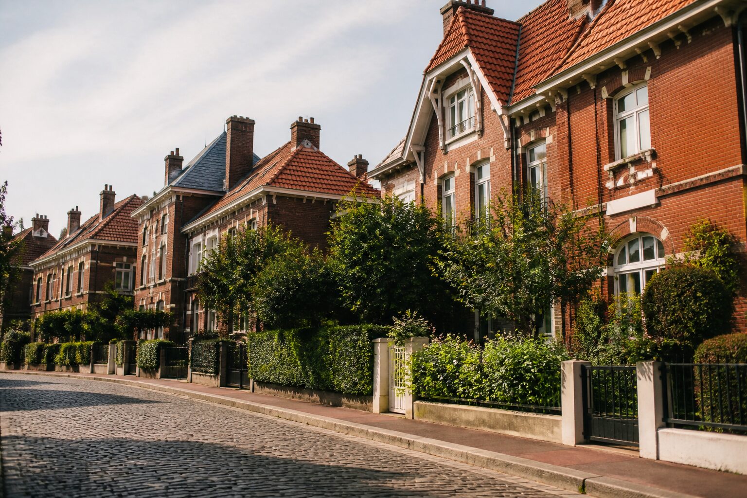 Rue résidentielle calme de Malo-les-Bains à Dunkerque, maisons de briques rouges sous ciel nordique