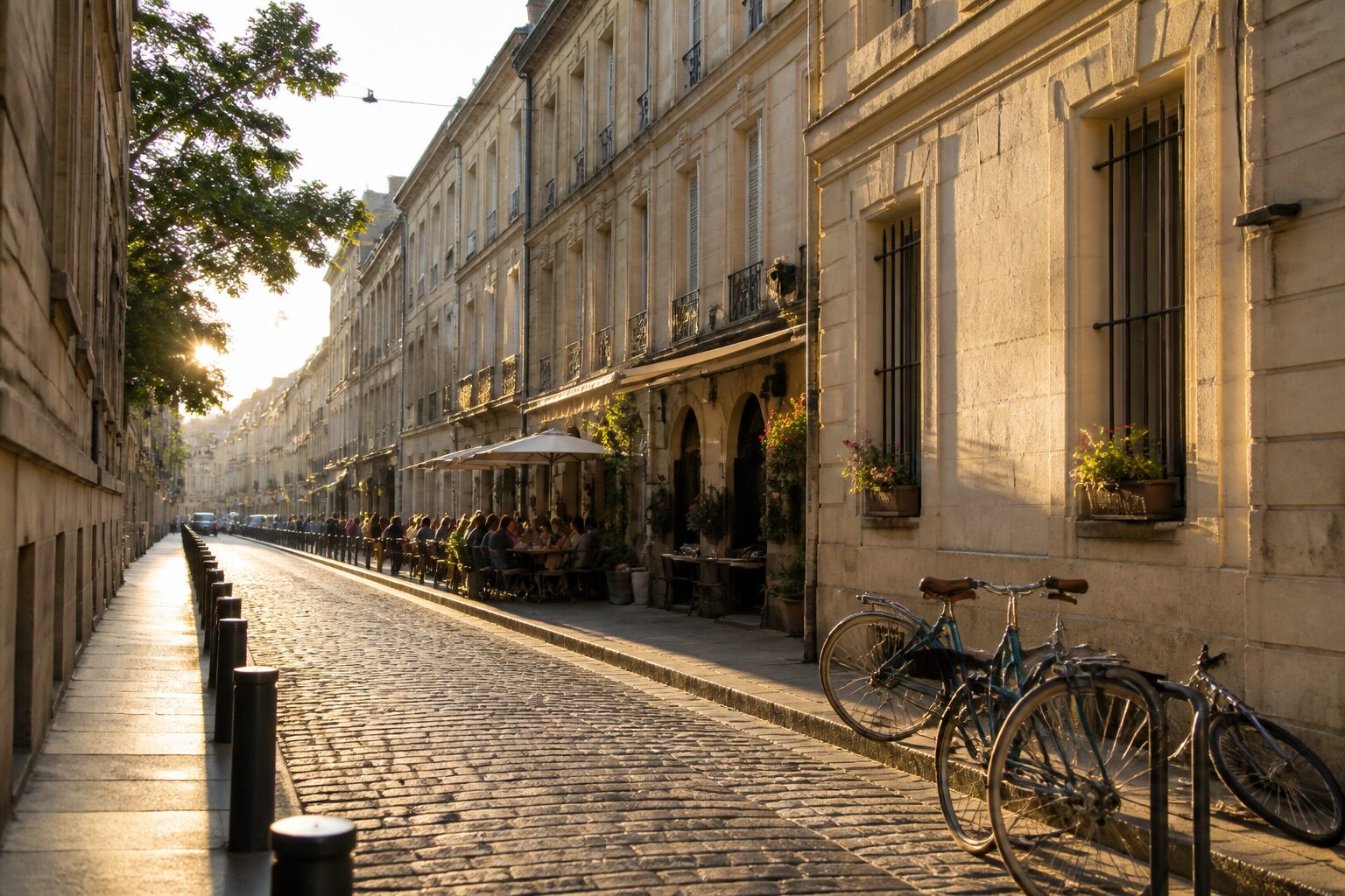 Rue pavée du quartier des Chartrons à Bordeaux, façades en pierre blonde et terrasse de café ensoleillée