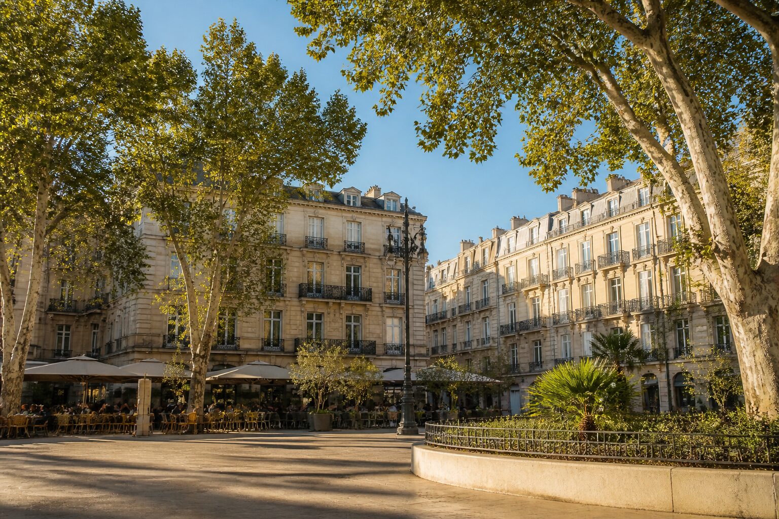 Meilleurs quartiers de Montpellier : place ensoleillée avec façades haussmanniennes et terrasses