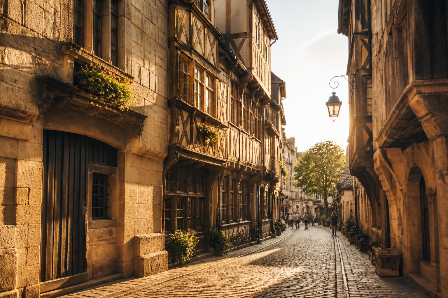 Meilleurs quartiers de Rennes : ruelle médiévale en pierre et colombages sous la lumière dorée