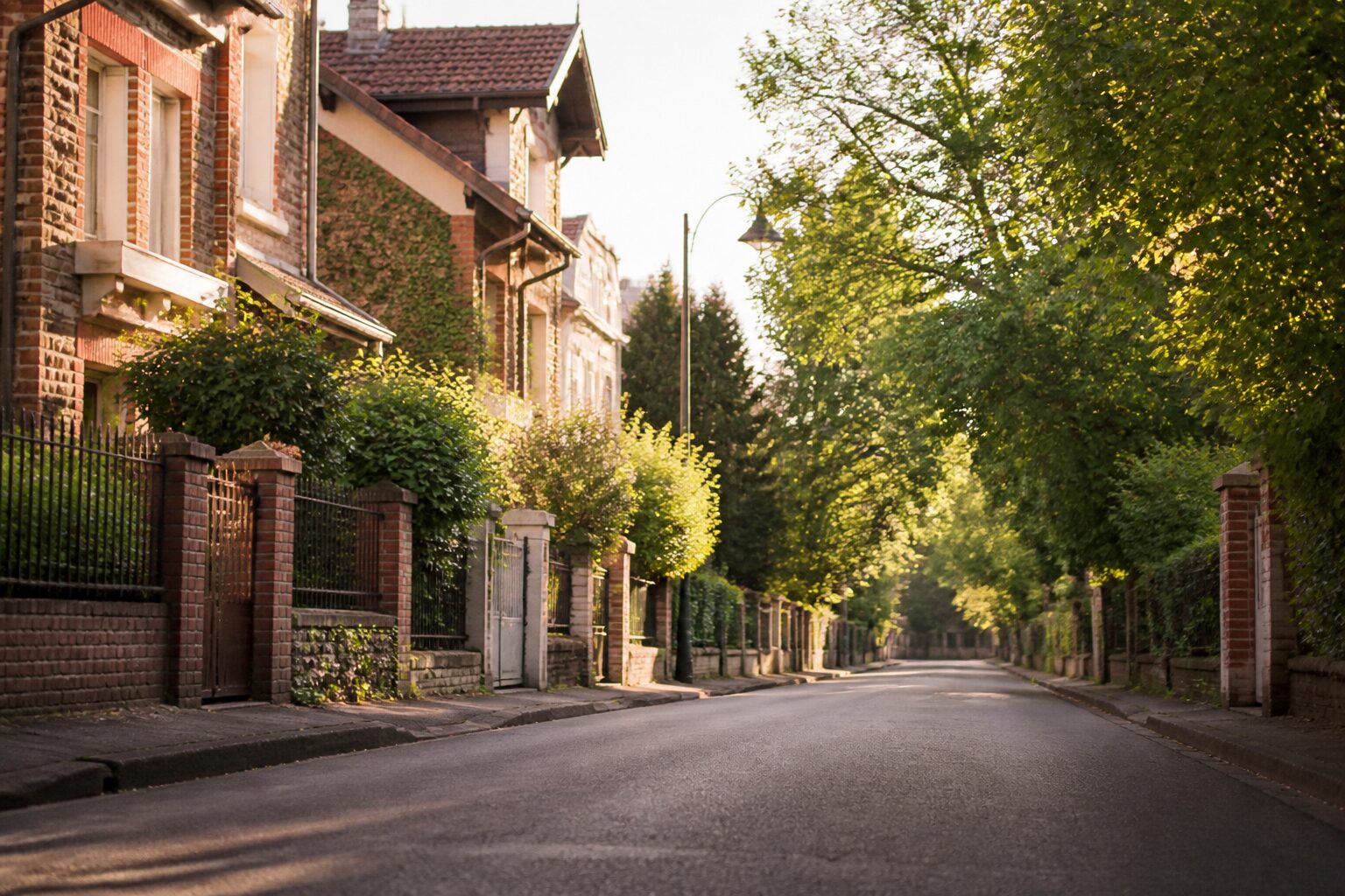 Rue résidentielle calme dans un quartier français, façades en briques, lumière de fin d'après-midi