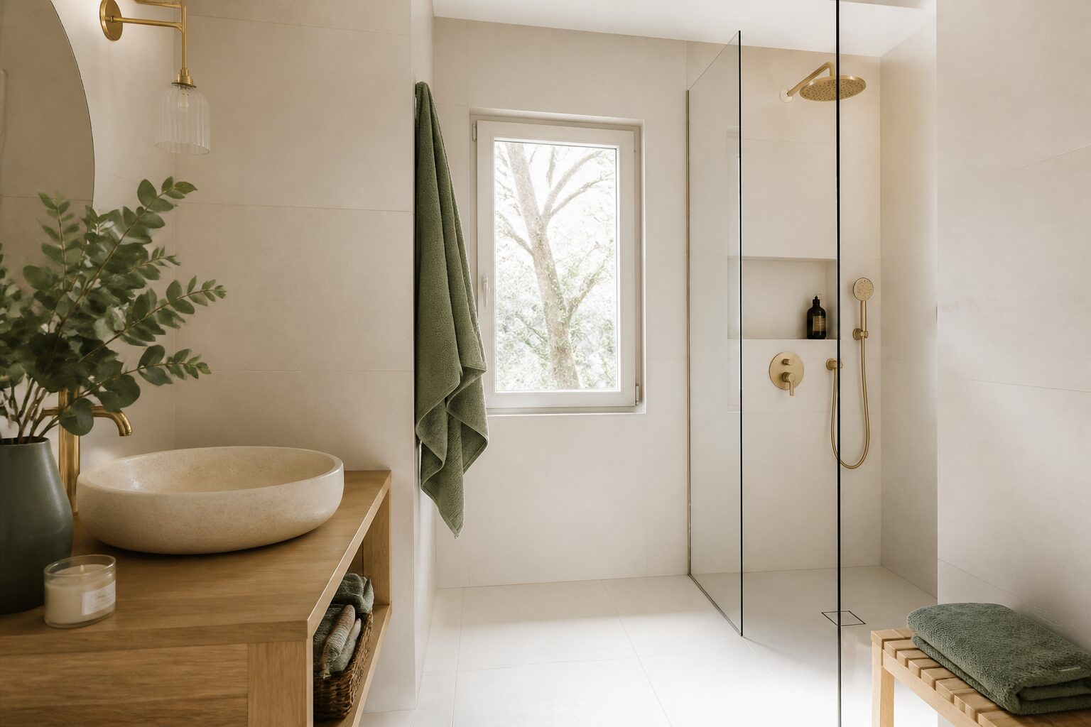 Petite salle de bain rénovée avec douche italienne et vasque sur meuble bois
