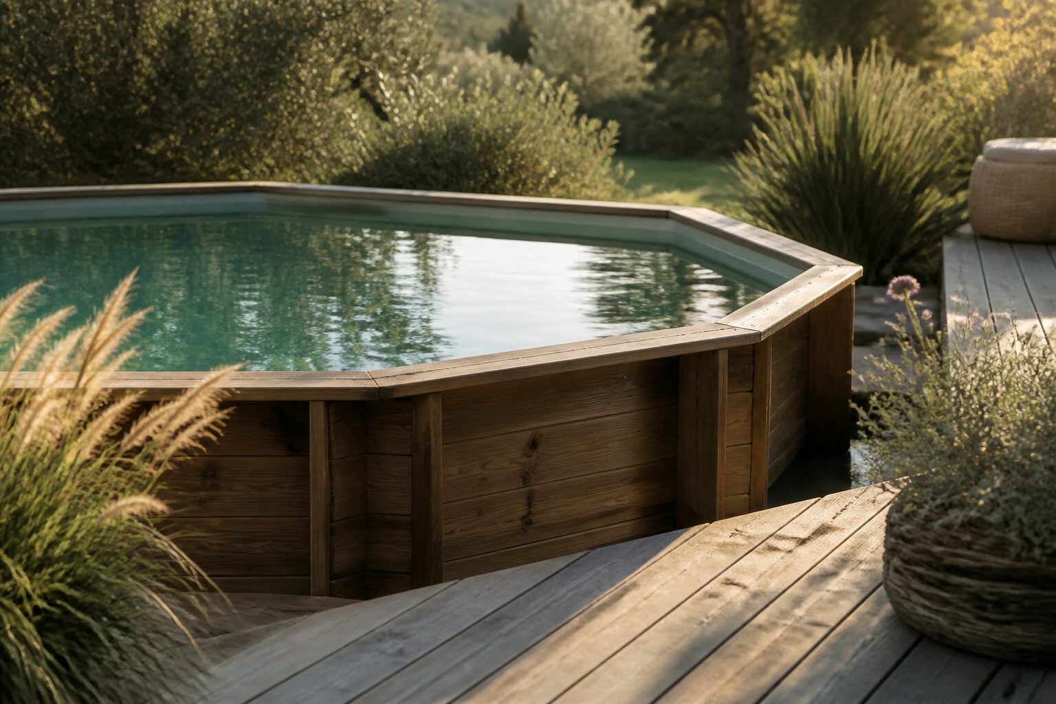 Piscine hors-sol en bois installée dans un jardin, margelle et terrasse en bois clair