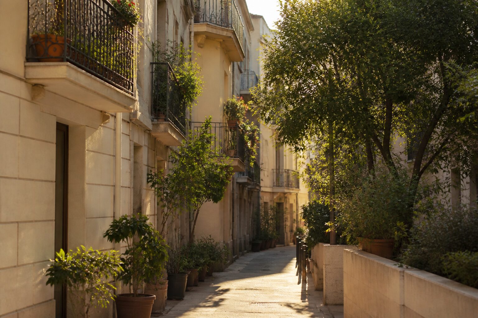 Quartier calme de Montpellier : rue piétonne avec balcons fleuris et façades rénovées