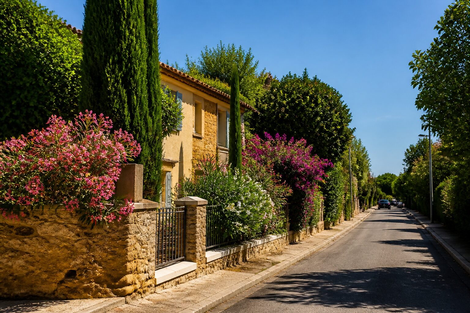 Vue d'un quartier résidentiel calme de Béziers, façades en pierre et rue ensoleillée