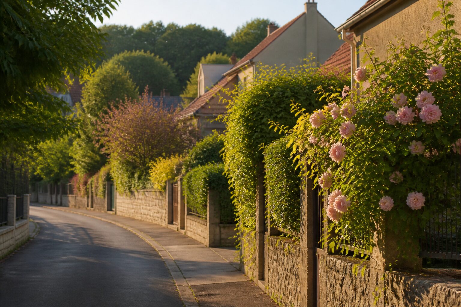Rue résidentielle calme dans le quartier pavillonnaire du sud d'Aulnay-sous-Bois, maisons avec jardins sous une lumière naturelle douce
