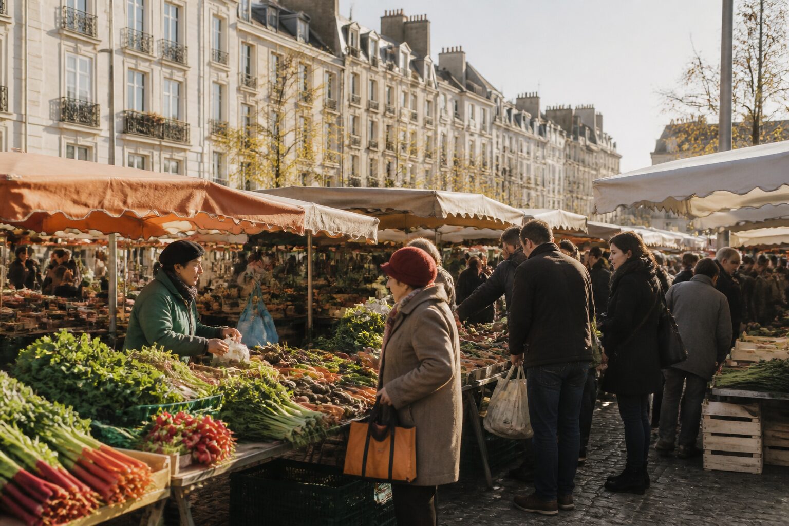 Rue animée du centre historique de Rennes : place animée avec marché local breton sous un ciel lumineux