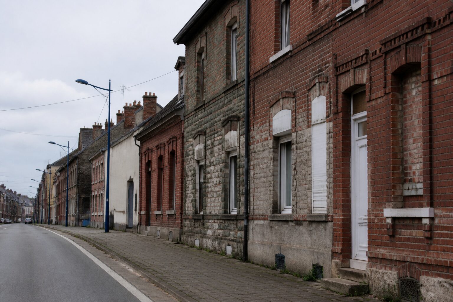 Rue de quartier populaire à Maubeuge, façades en briques rouges et pierre grise typiques du Nord de la France