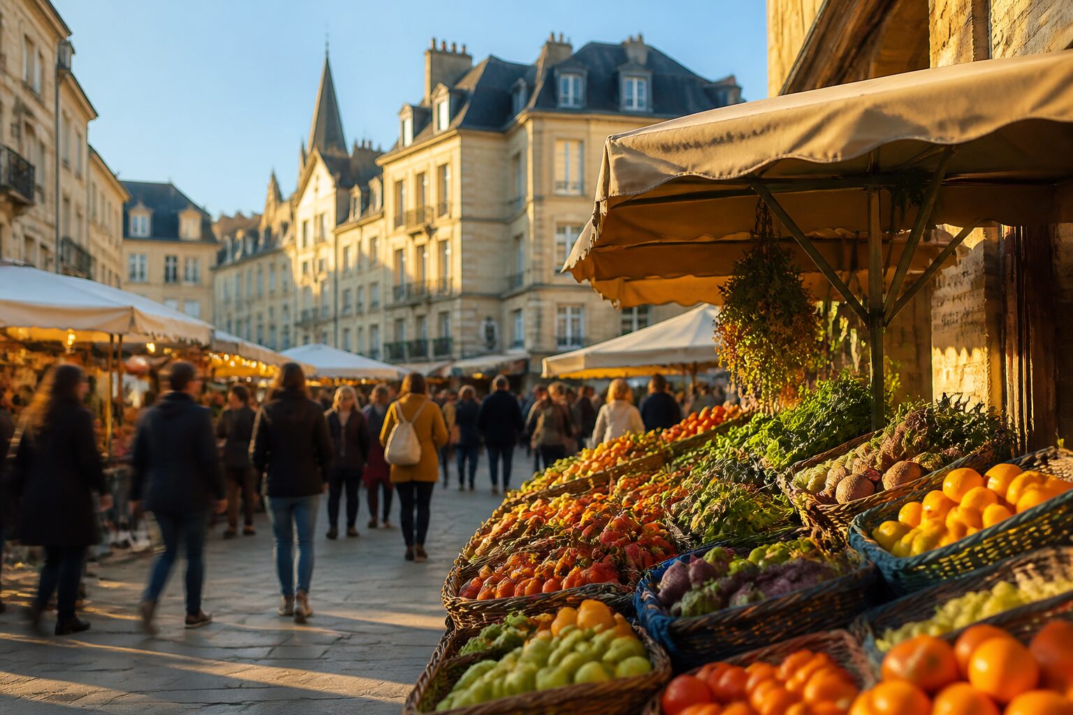 Place animée d'un marché de quartier à Nantes, façades en pierre calcaire, lumière dorée de fin d'après-midi