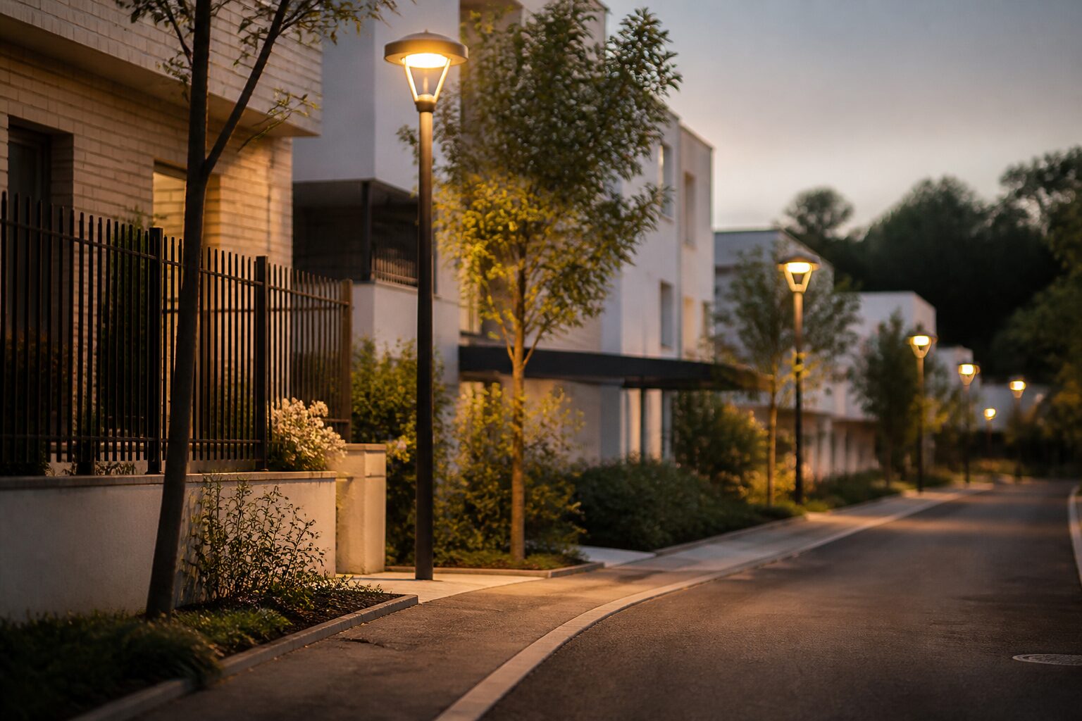 Rue résidentielle du quartier Moulin à Vent à Vénissieux en fin de journée