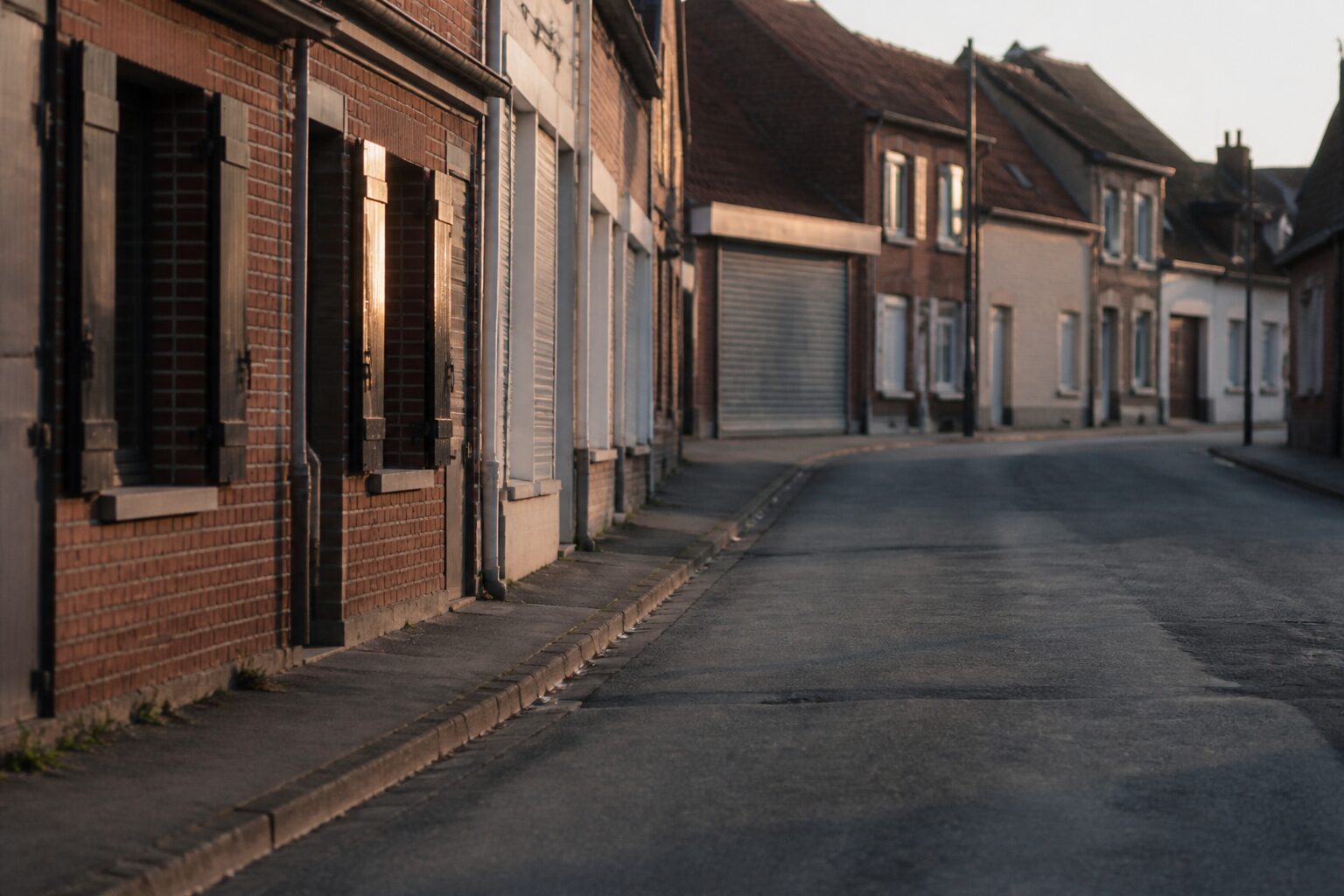 Rue calaisienne en brique, lumière naturelle rasante, style magazine urbain, sans texte