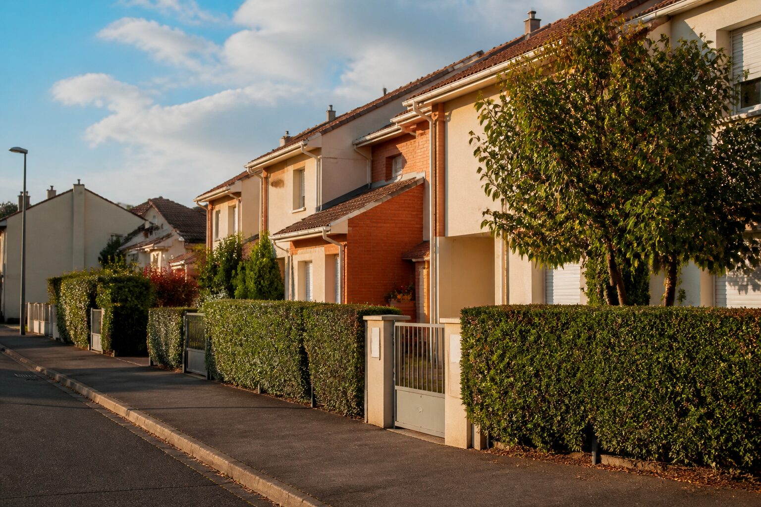 Rue de quartier à Trappes, façades en brique terracotta et asphalte humide, lumière naturelle de fin d'après-midi