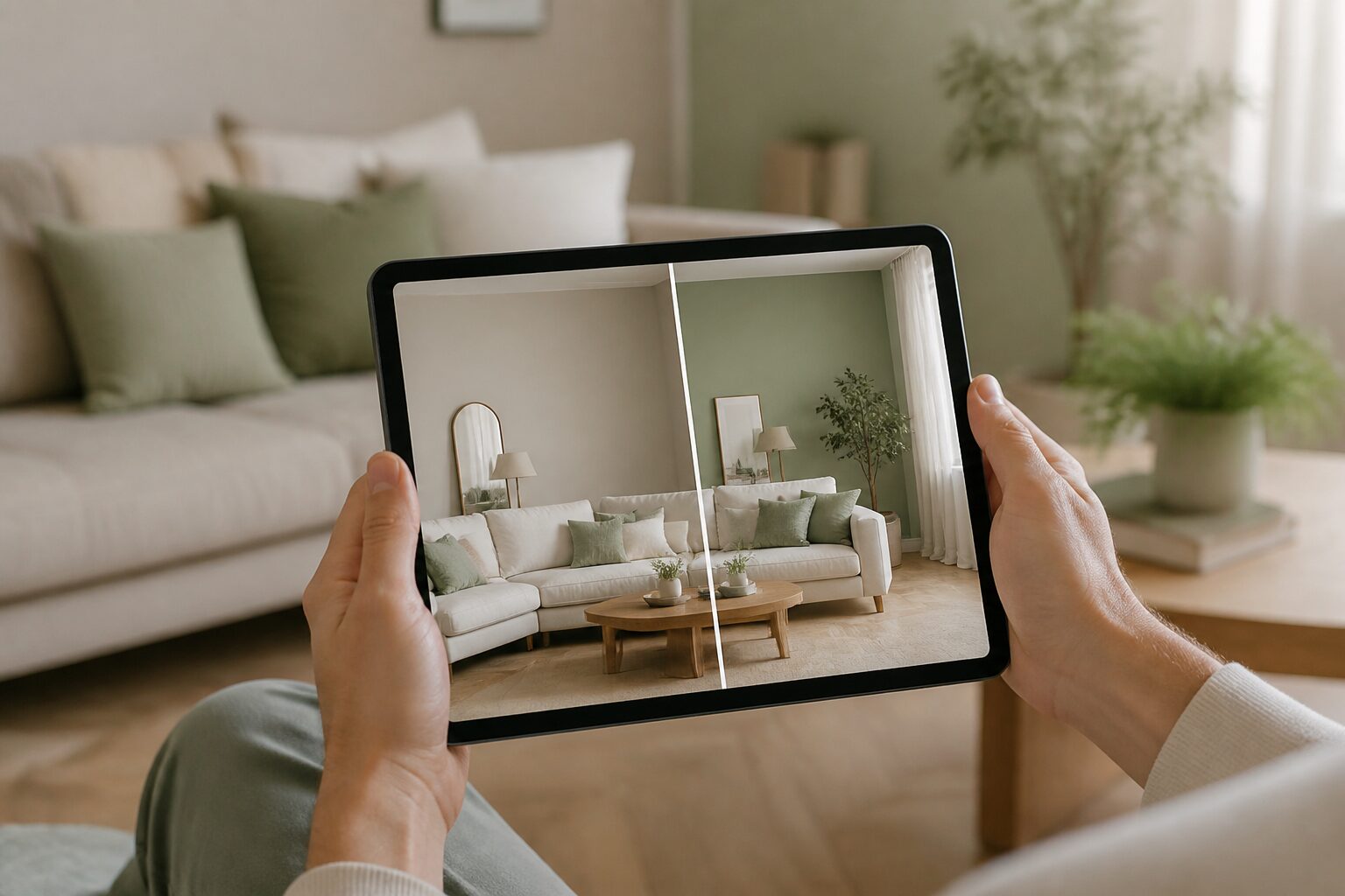 Personne comparant deux ambiances de couleurs sur l'écran d'une tablette dans un séjour