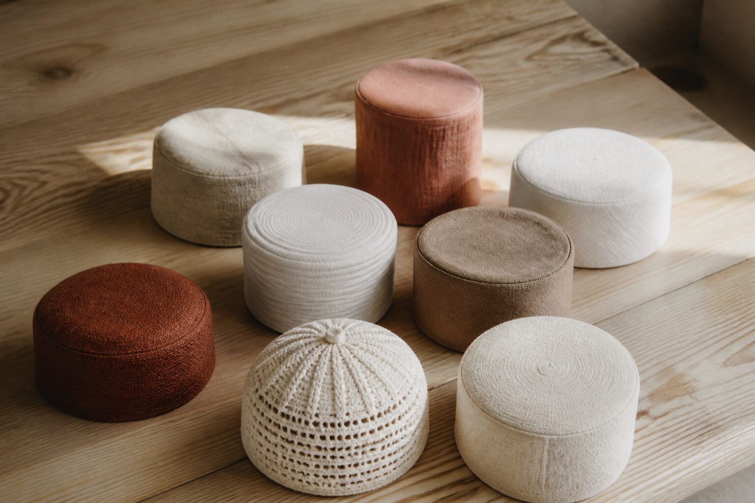 Différents chapeaux musulmans posés sur une table en bois, lumière naturelle douce, palette naturelle
