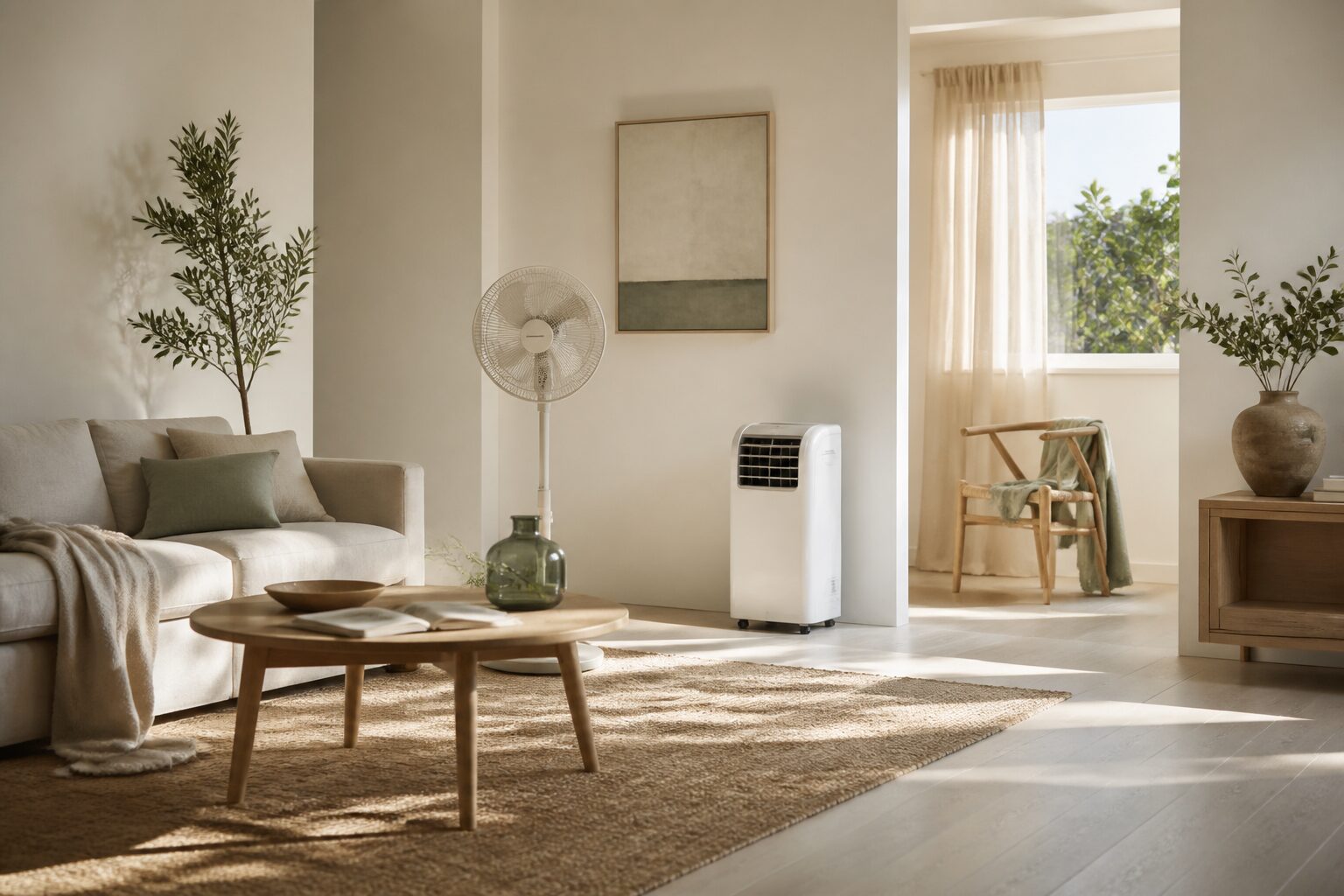 Salon français lumineux avec un ventilateur sur pied et un climatiseur mobile en été