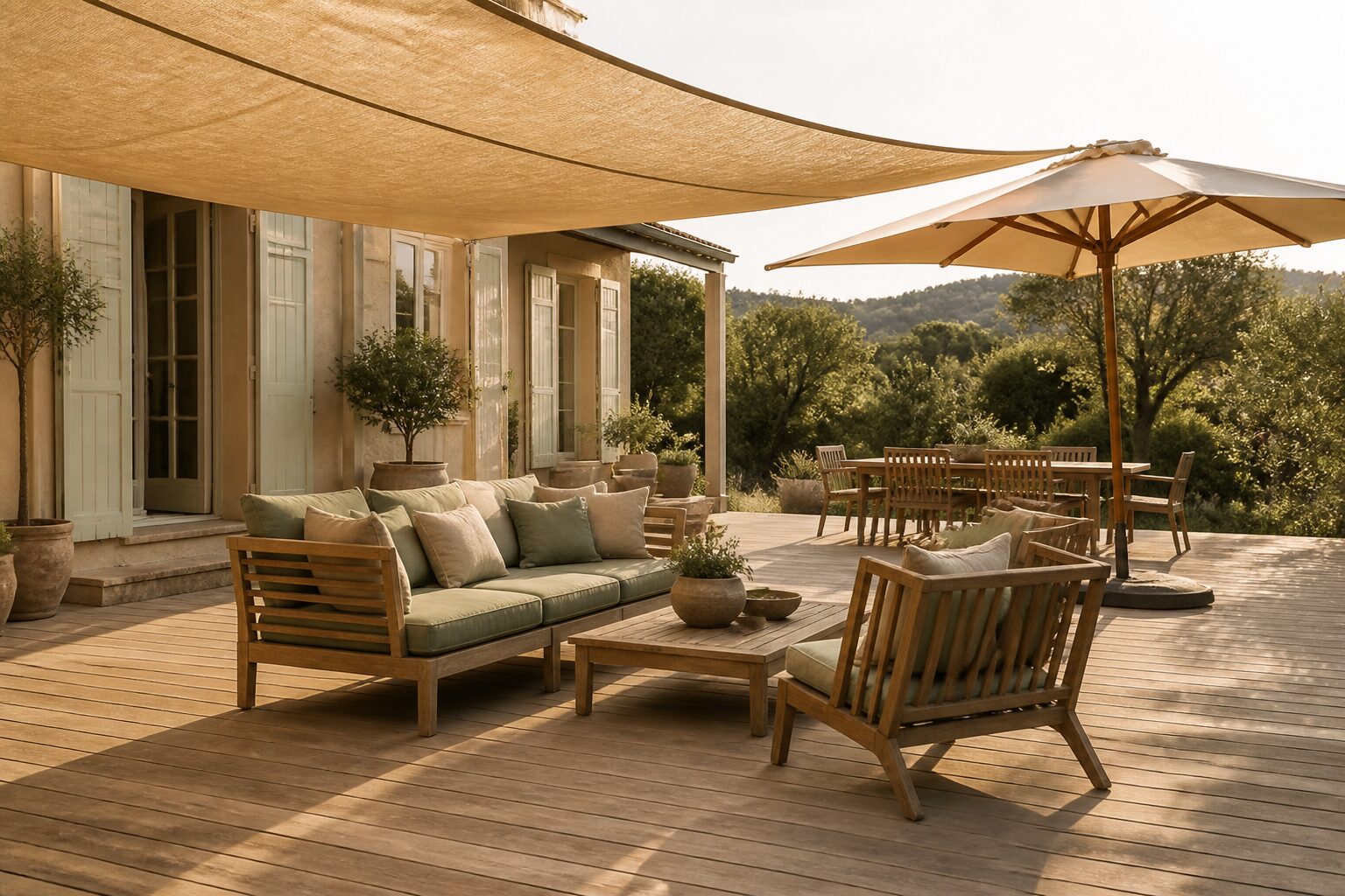 Terrasse en bois abritée par une voile d'ombrage et un parasol déporté