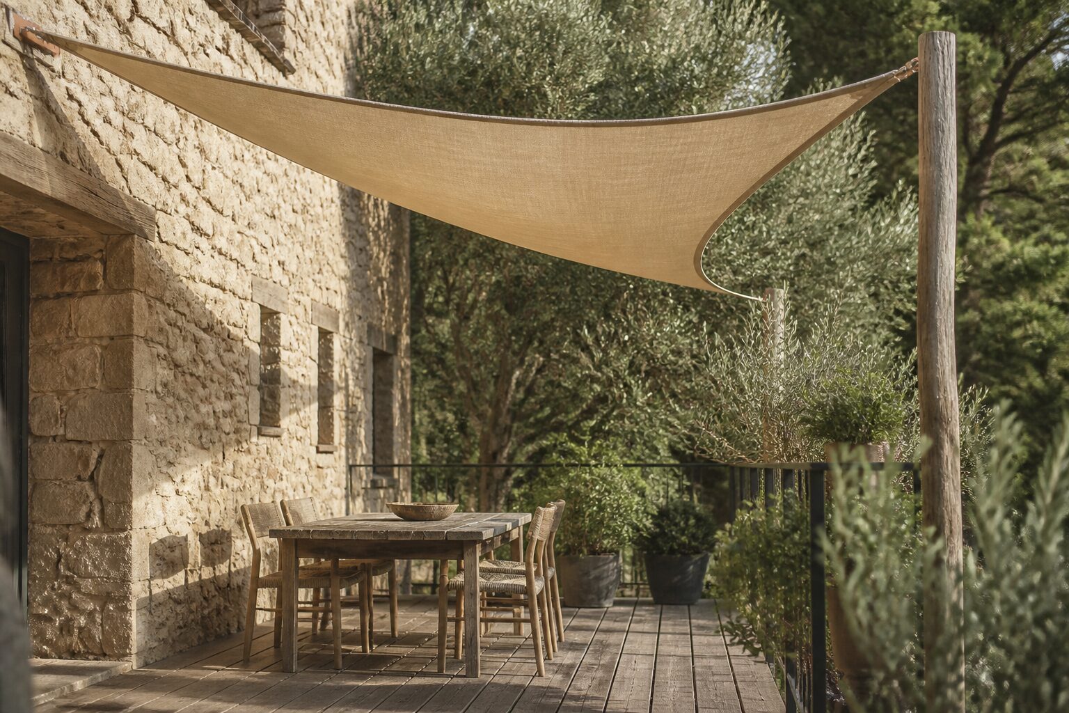 Voile d'ombrage triangulaire beige tendue au-dessus d'une terrasse en bois