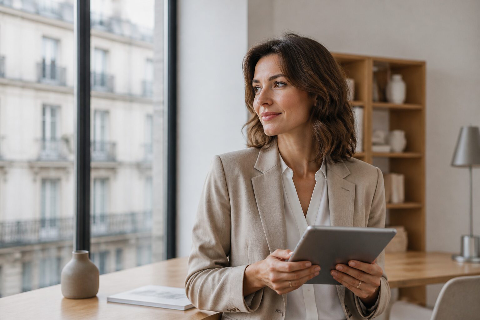 123 Net Immo : consultante immobilière avec tablette dans un bureau parisien lumineux