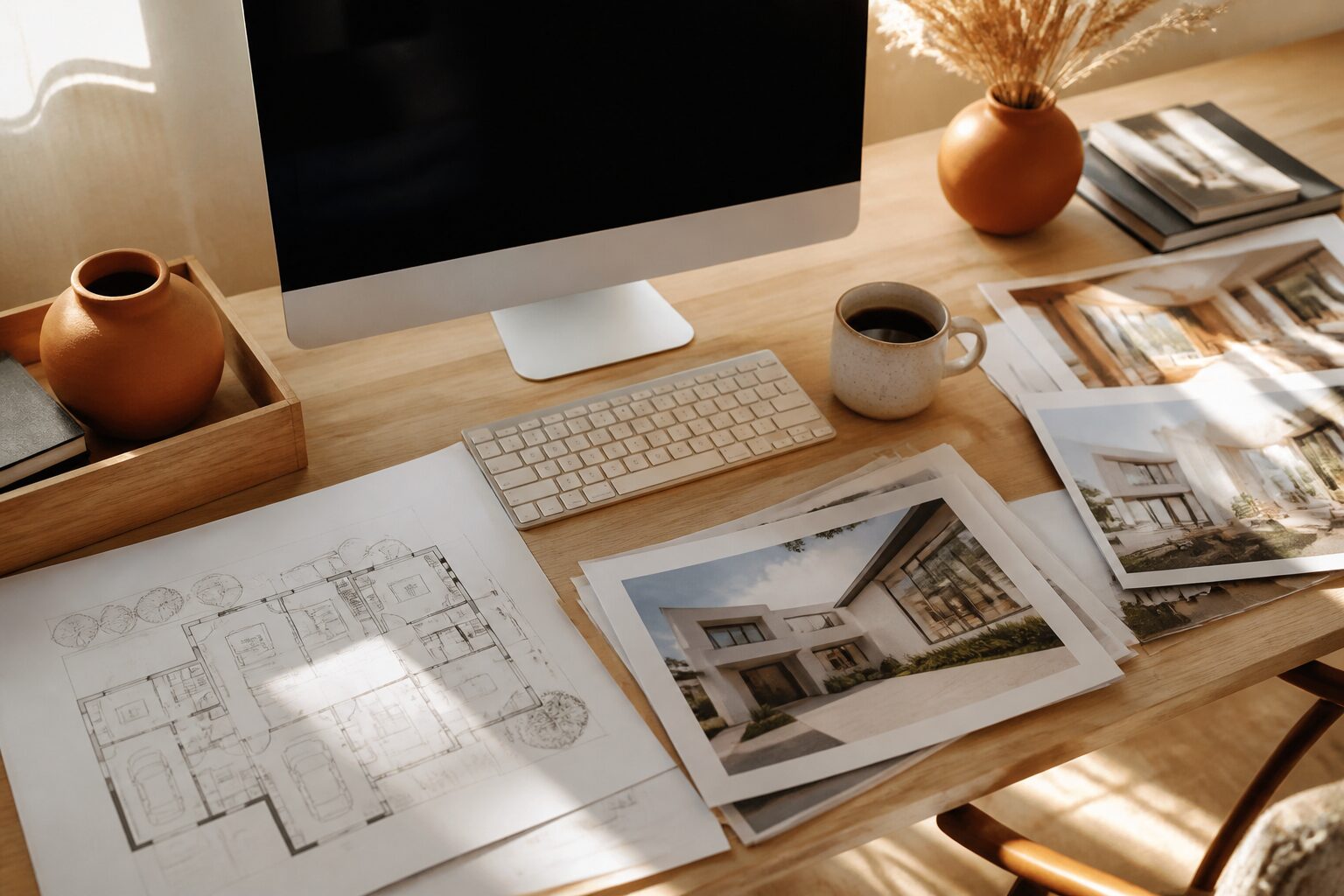 Bureau avec ordinateur et documents immobiliers, lumière naturelle chaude