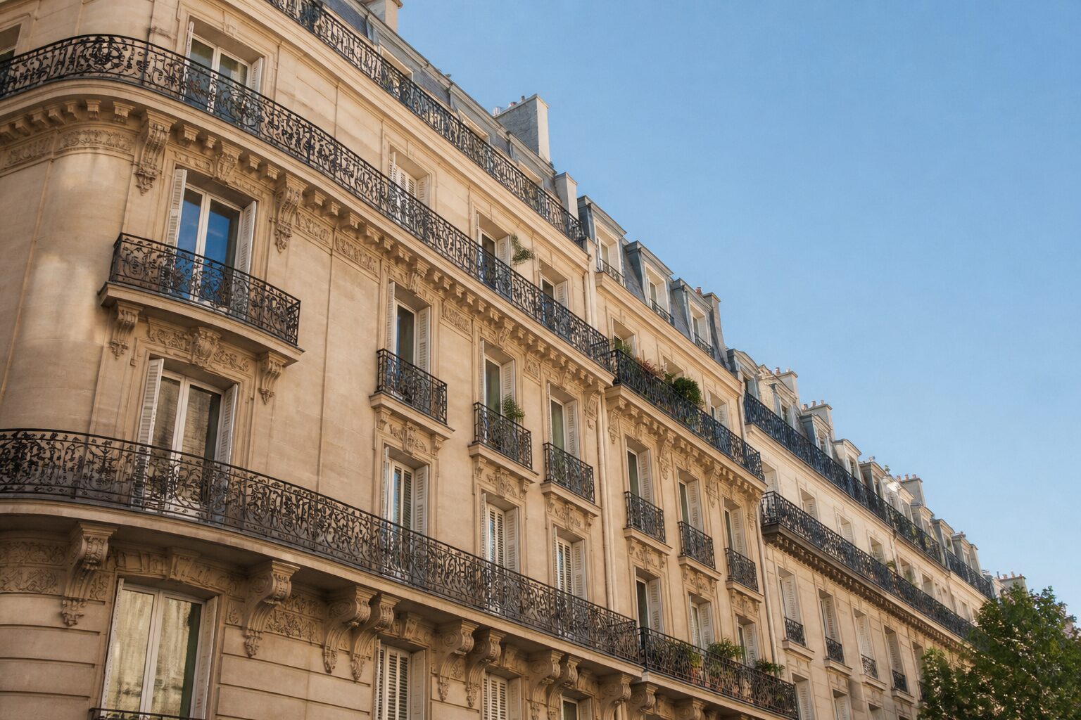 Appartement haussmannien : façade en pierre de taille et balcons filants à Paris