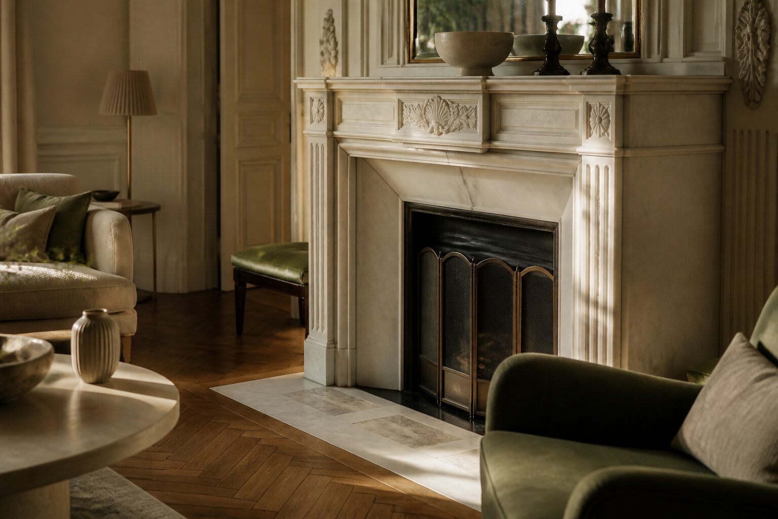 Salon haussmannien rénové, moulures au plafond, cheminée en marbre, parquet ancien, tons neutres
