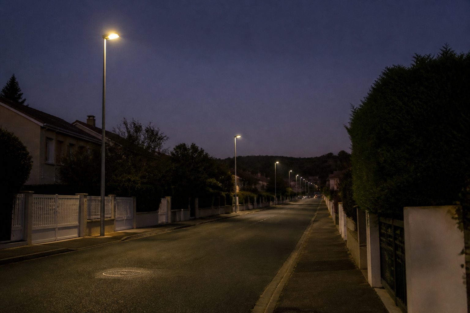 Éclairage public le soir dans une rue pavillonnaire de Saint-Maur-des-Fossés