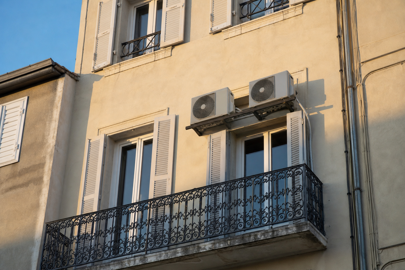 Unités extérieures de climatisation fixées sur la façade d'un immeuble ancien au-dessus d'un balcon