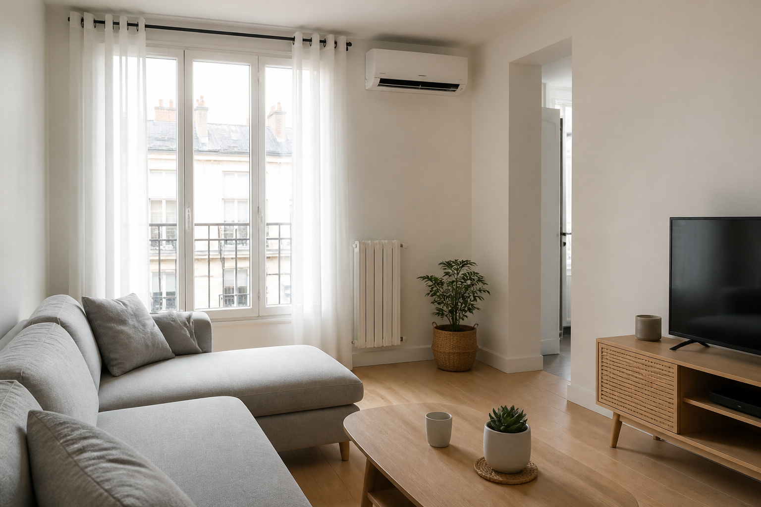 Unite interieure de climatisation murale blanche installee dans un salon lumineux