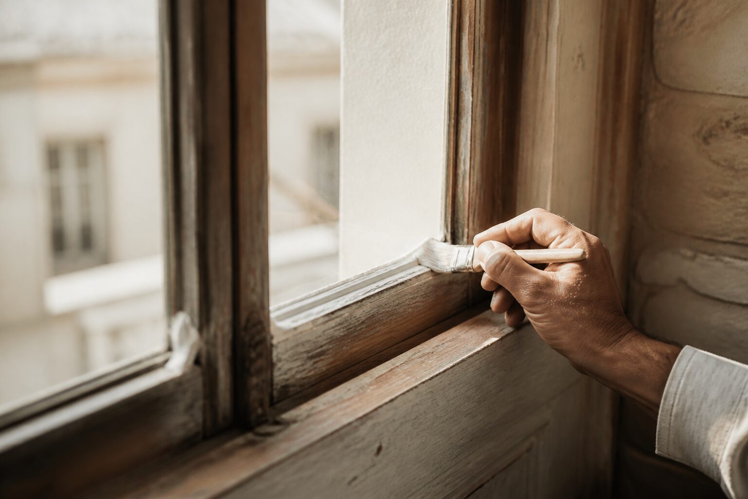 Intérieur d'une maison ancienne avec fenêtre entrouverte en automne, lumière dorée de fin de journée, joints de fenêtre visibles