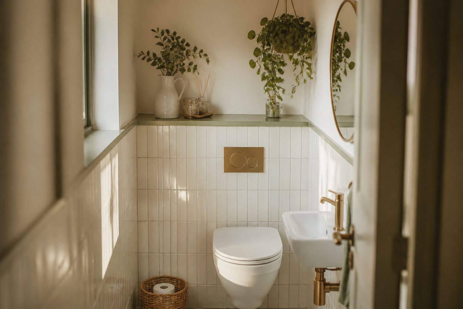 Déco WC petit espace avec carrelage métro blanc, plante verte et miroir en laiton