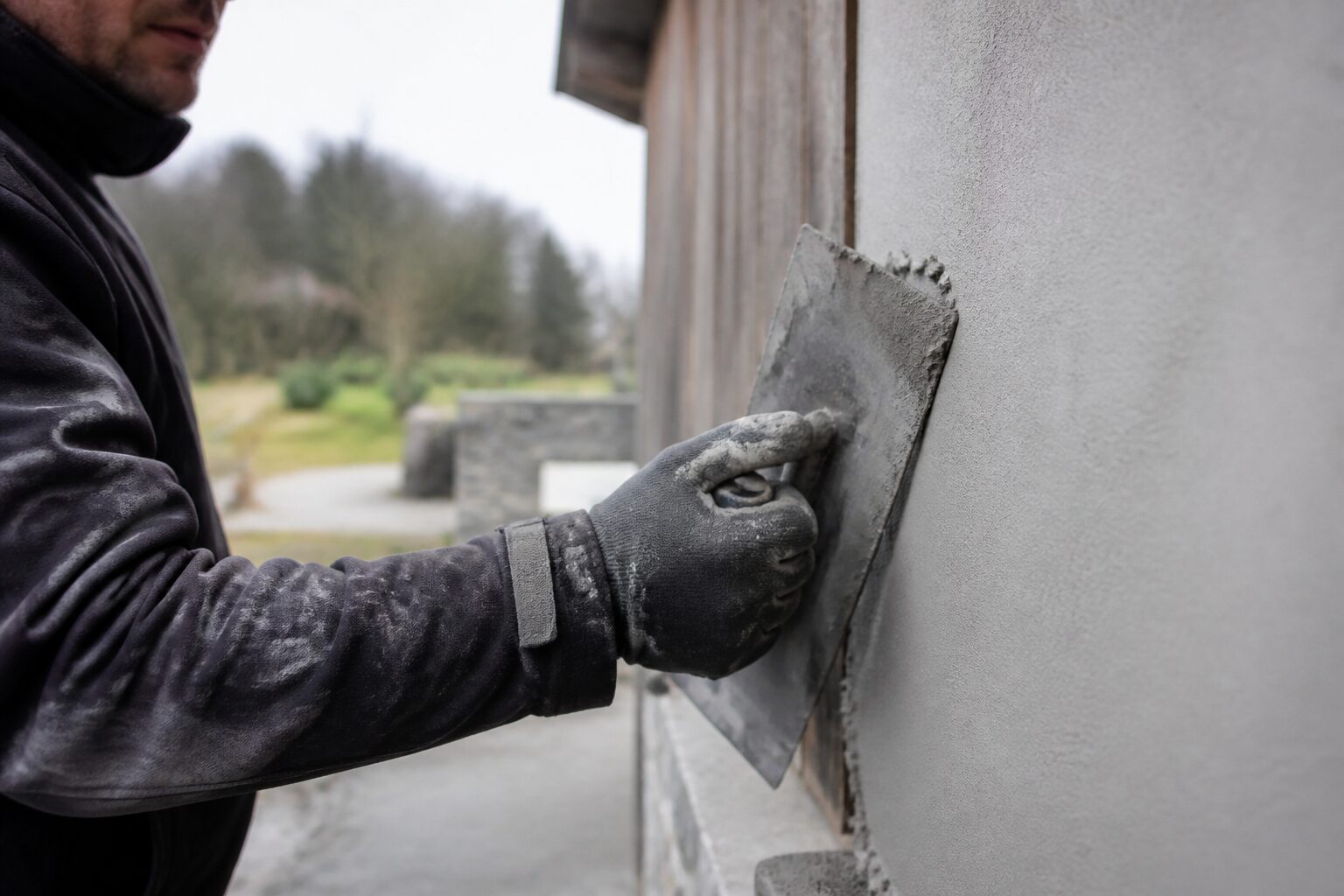 Chantier de rénovation de façade en Belgique, artisan appliquant un enduit sur un mur extérieur, lumière naturelle froide et douce