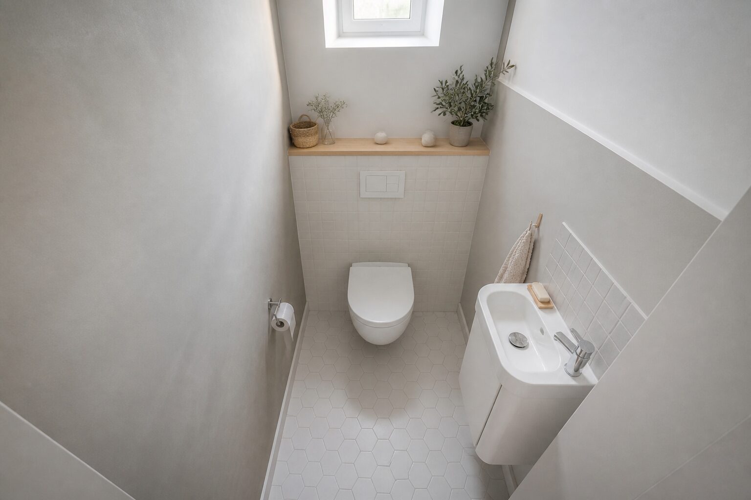 Vue d'un cabinet de toilettes bien proportionné avec dégagements visibles