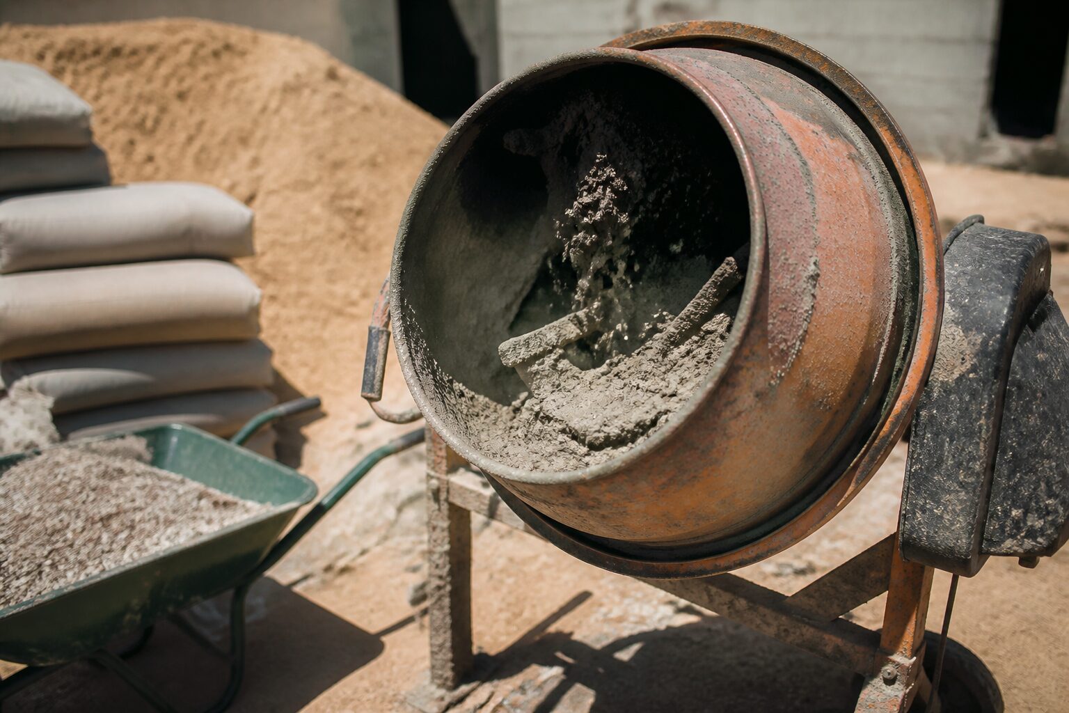 Dosage béton 350 kg au seau : bétonnière de chantier avec sacs de ciment et mélange sable-gravier